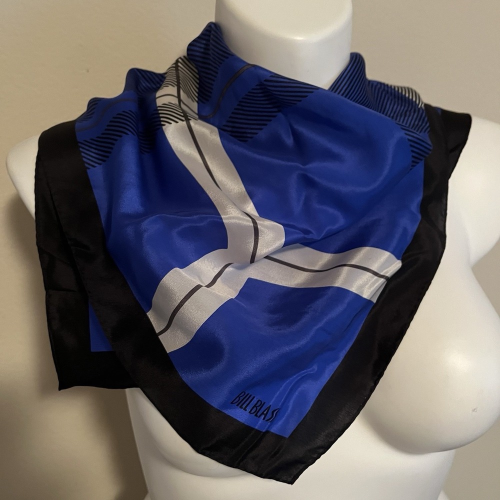 VTG Bill Blass Silky Satin Square Scarf Bold Blue Geometric Plaid Bag Accent